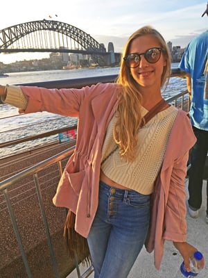 Sydney Fashion Business intern Abbey in front of the harbour