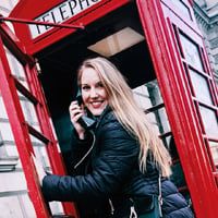 Allison W. in a classic London phonebooth