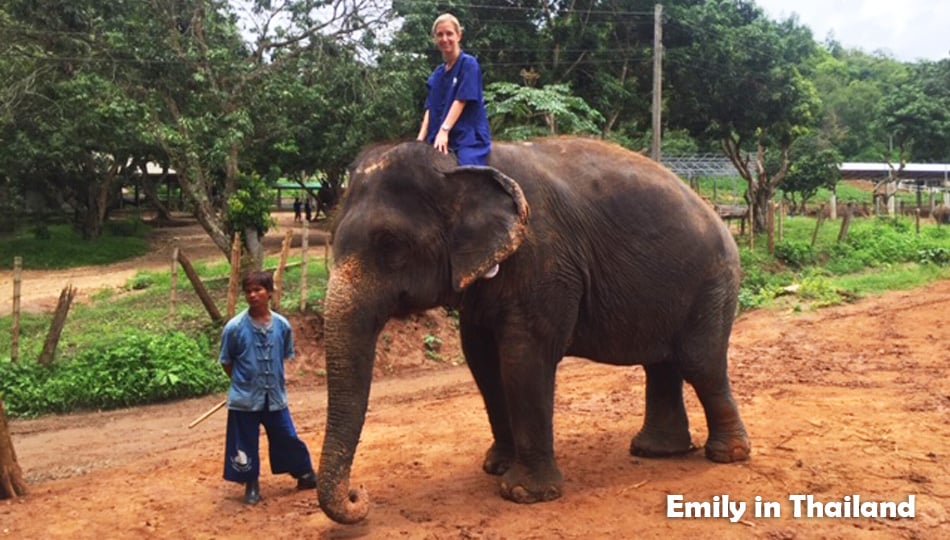 Emily riding an elephant in Thailand