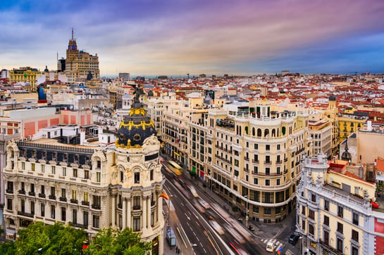 Madrid, Spain cityscape above Gran Via shopping street.