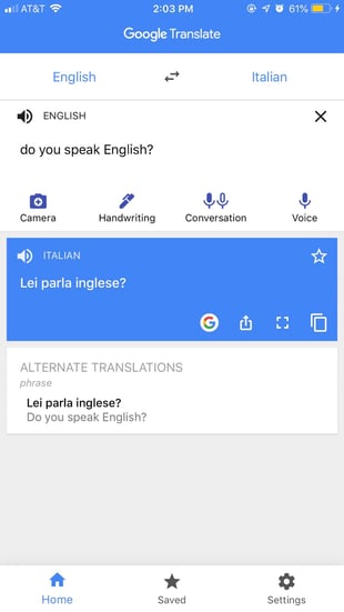 google translate in Italian screenshot